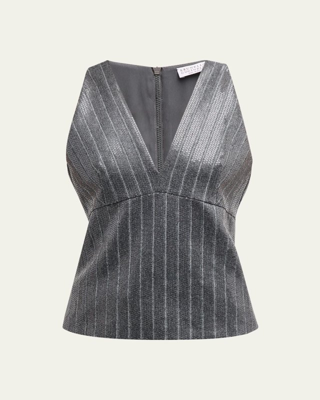 Pinstripe Sequin Embroidered Flannel Sleeveless Top